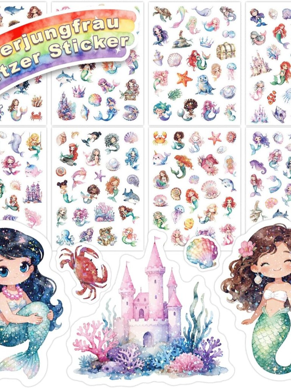 Mermaid Glitter Stickers for Kids,8 PCS Cute Mermaid Stickers for Scrapbooking,